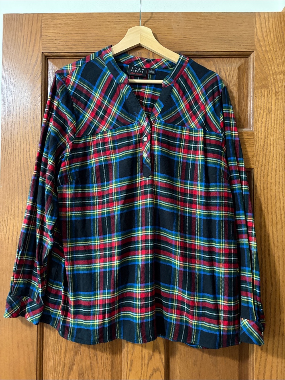 Joan Rivers Navy, Red & Green Plaid Henley Blouse